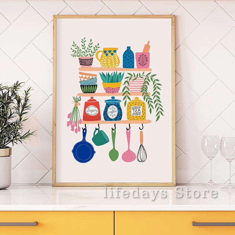 Coffee And Tea Lyrics - Canvas Schilderij Kleurrijke Keuken Planken Poster